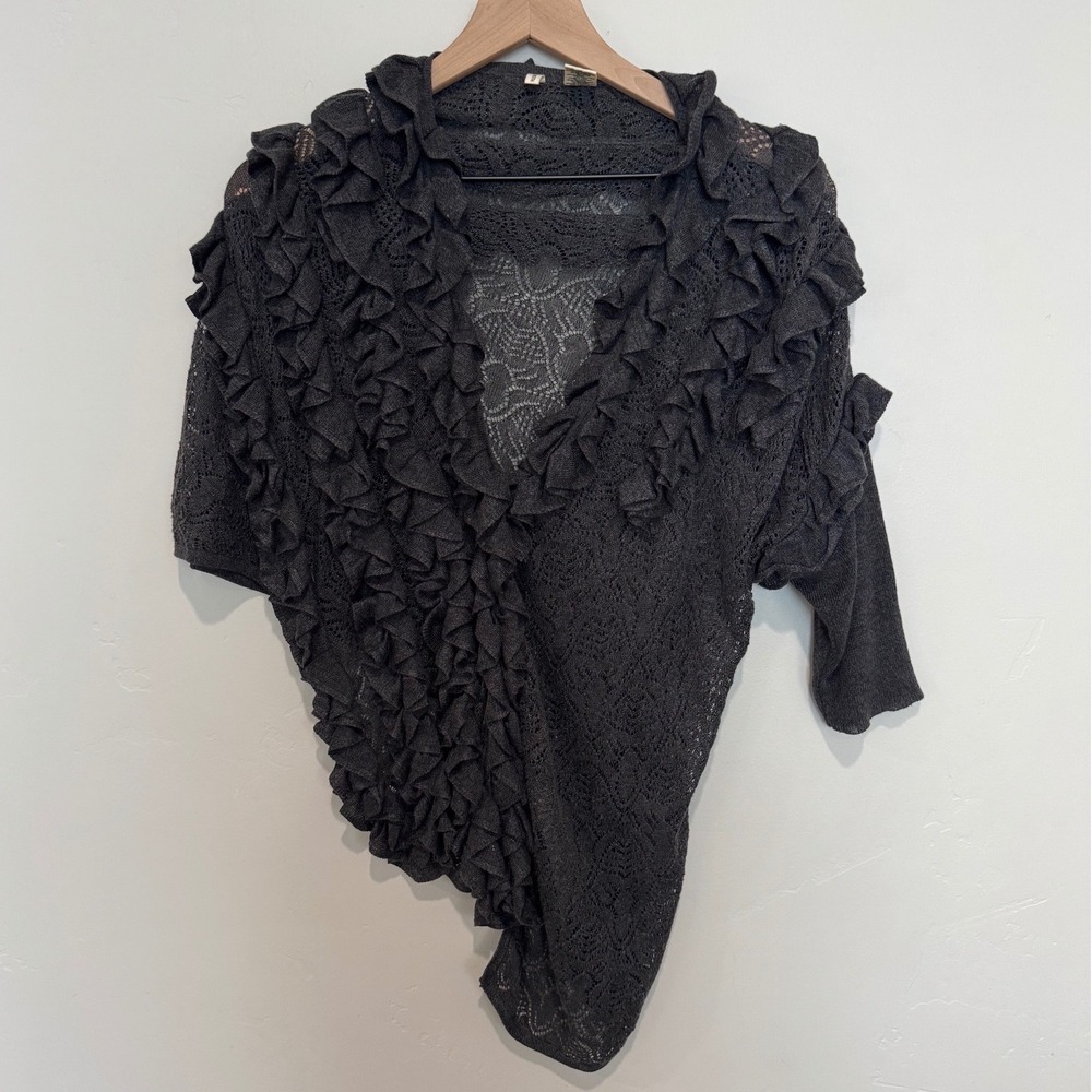 Anthropologie Moth One Sleeve Wrap Cardigan Charcoal Gray Linen Ruffle S/M Artsy